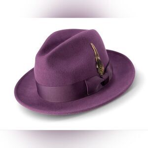 MEN'S MONTIQUE PLUM LIGHT FELT 2 1/2" WIDE BRIM PINCH FEDORA HAT. H60